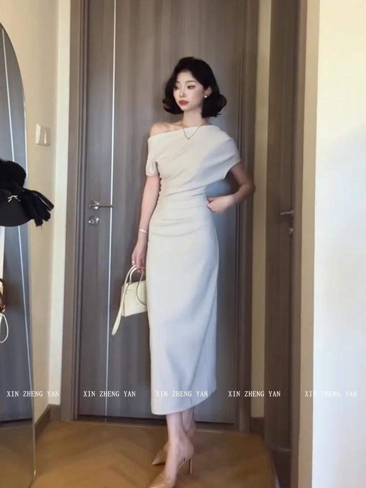 2026 Elegant Korean One-Shoulder Bodycon Dress - Spring/Summer Slim-Fit with Flowy Collar