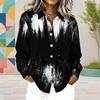 Women Plus Size Collared Neck Long Sleeve Black White Geometric Printed Button Front Curved Hem Shirt
