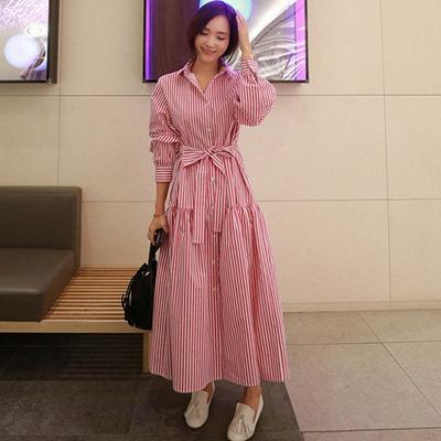 Spring and Summer New Korean Style Over-the-knee Long Striped Shirt Dress for Women Loose Large Size Lace-up Versatile Skirt