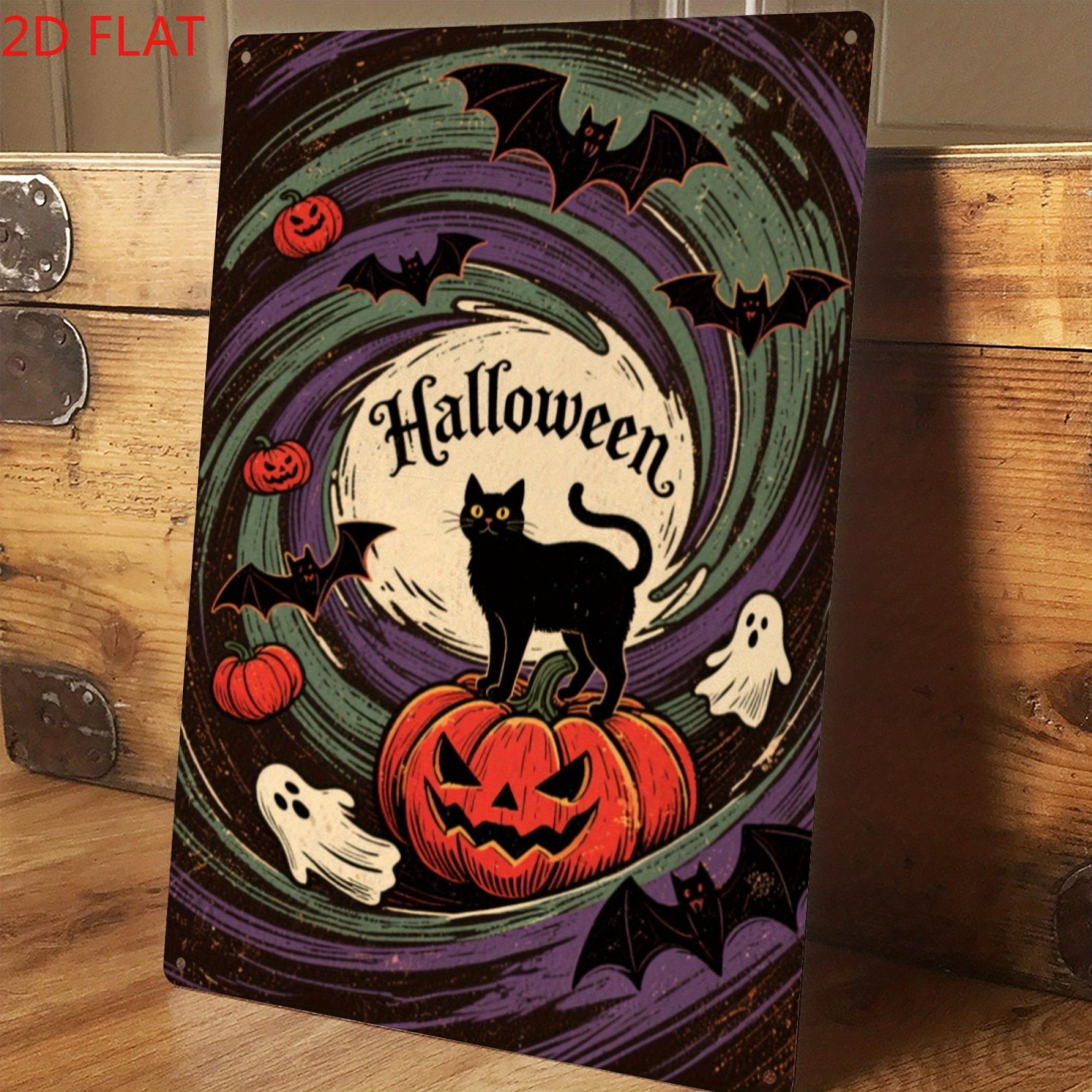 Gothic Halloween Metal Wall Decor Sign Spooky Black Cat Bats JackOLanterns Ghosts Iron Art with Bold Happy Halloween 20x30cm(7.8x11.8inch)