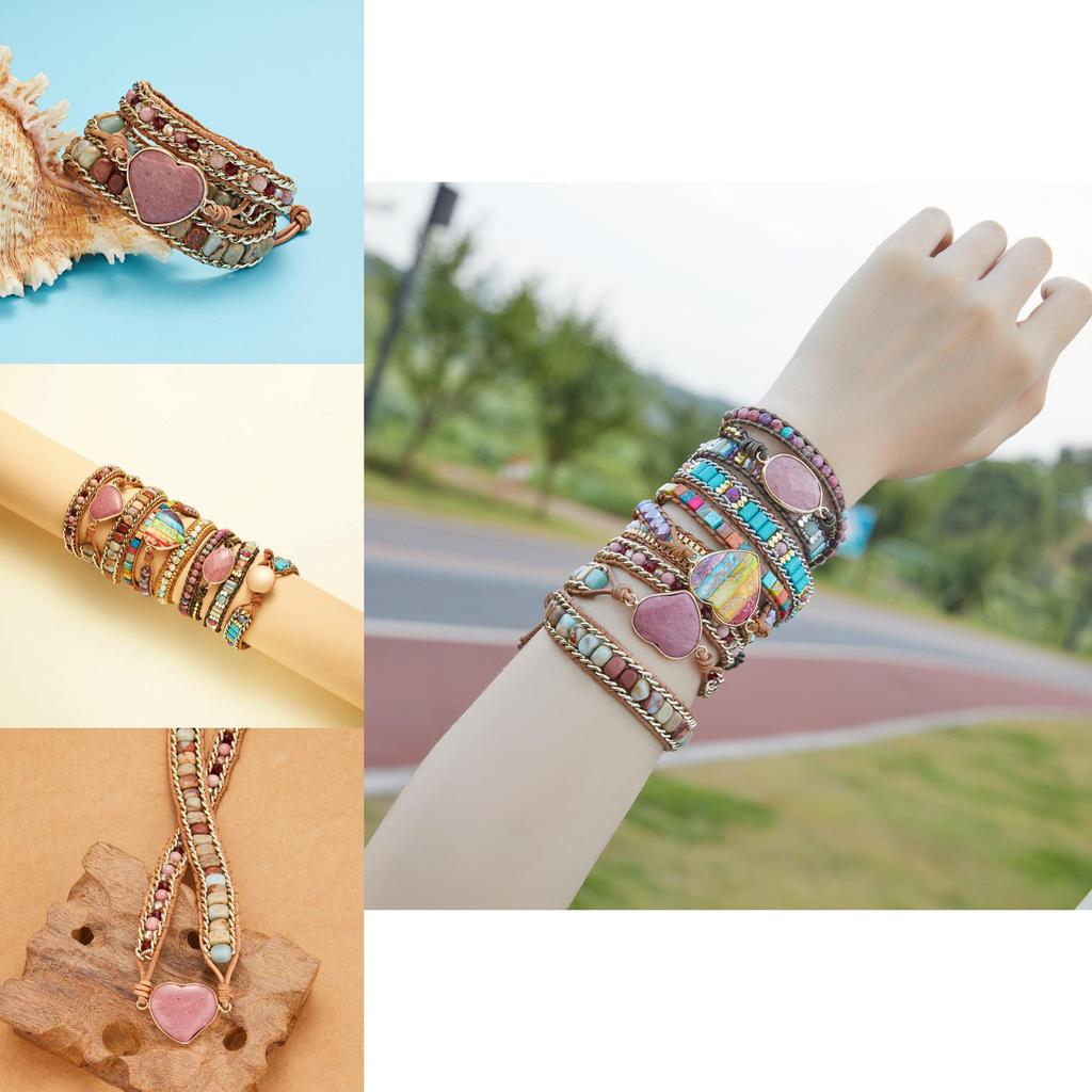 Ethnic Style Three Layer Winding Leather Jewelry With Colorful Crystal Chips For Fashion Wear