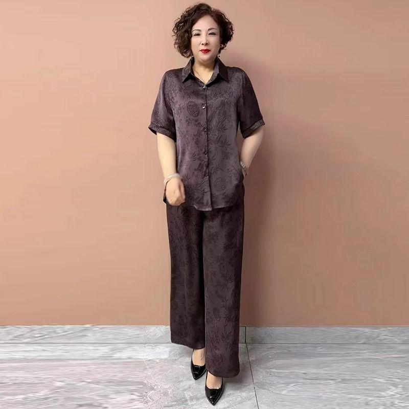 

2025 Літній Стильний Комплект Двійка Великого Розміру для Середнього та Похилого Віку: Сорочка для схуднення, що закриває живіт, та штани з широкими штанинами XL (100-115 jin)