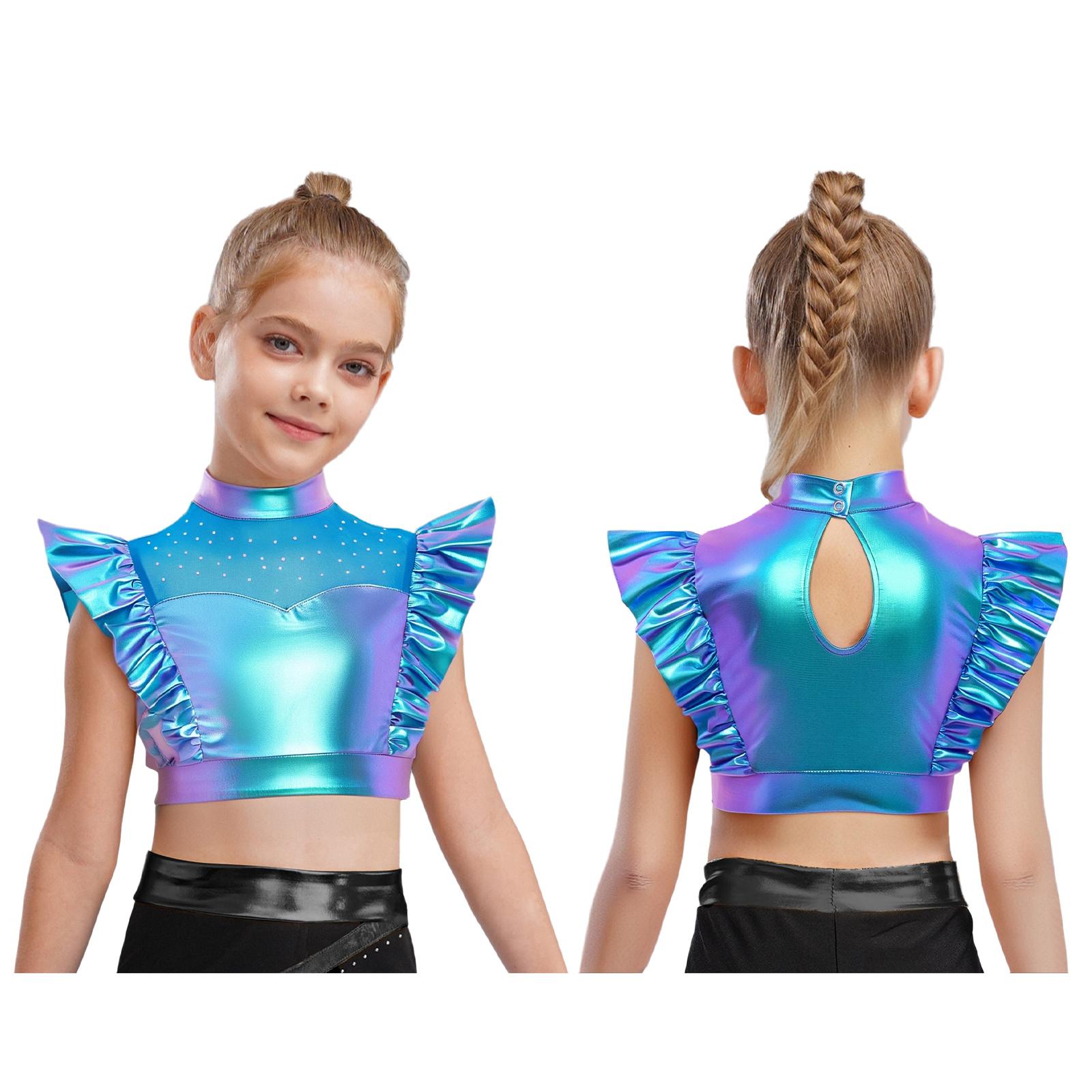 

Girls Metallic Tank Top Mock Neck Mesh Patchwork with Rhinestones Shiny Ruffle Crop Top Keyhole Back 5-6 Years
