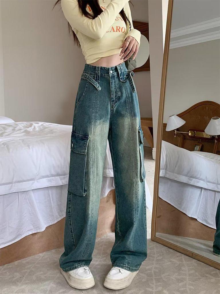 Damen 2024 Frühling & Herbst Retro Weitbeinjeans - Trendiger High Street Vibe Straight-Leg Hose