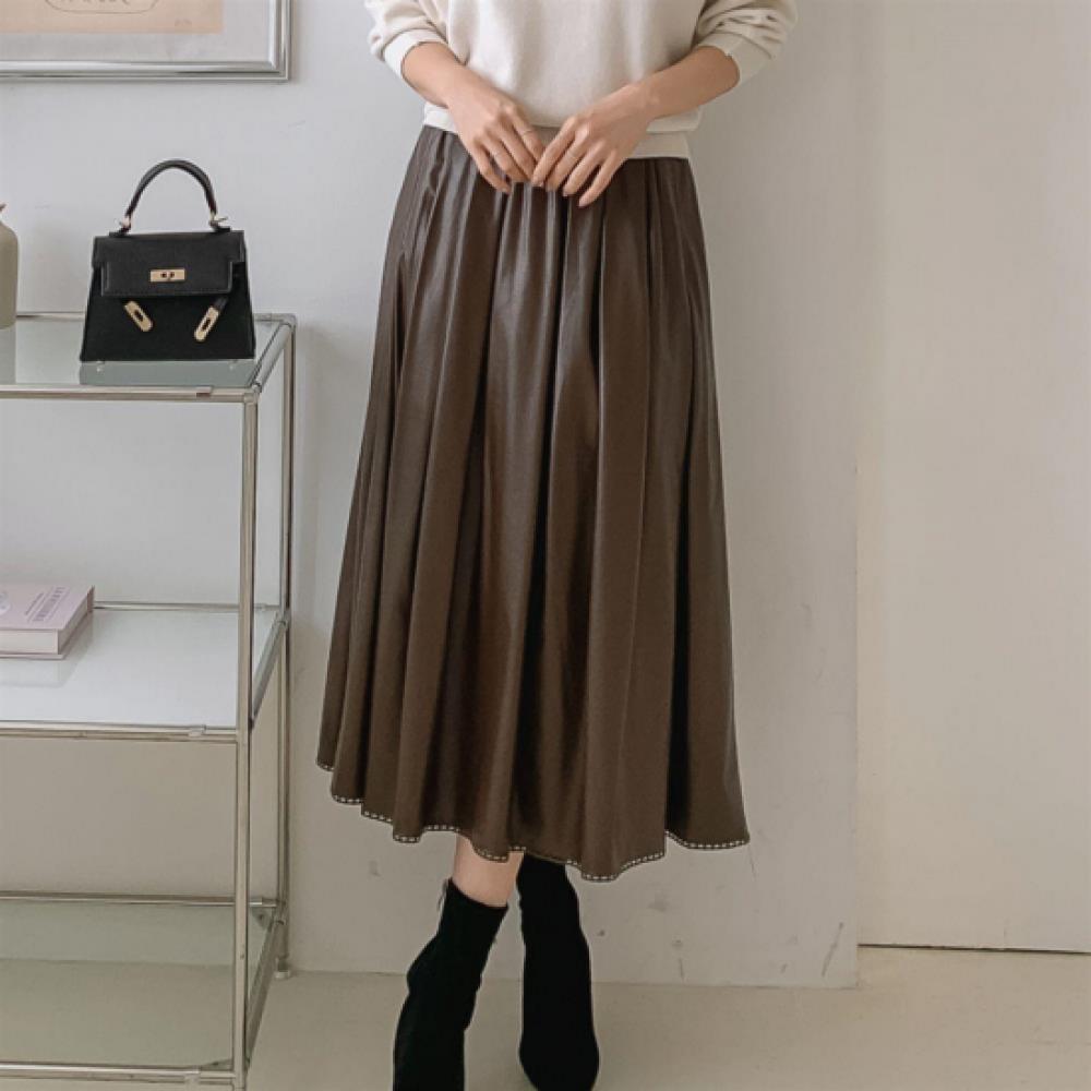 New Arrivals Open Run Women Unique Leather Stitch Band Flare Long Skirt