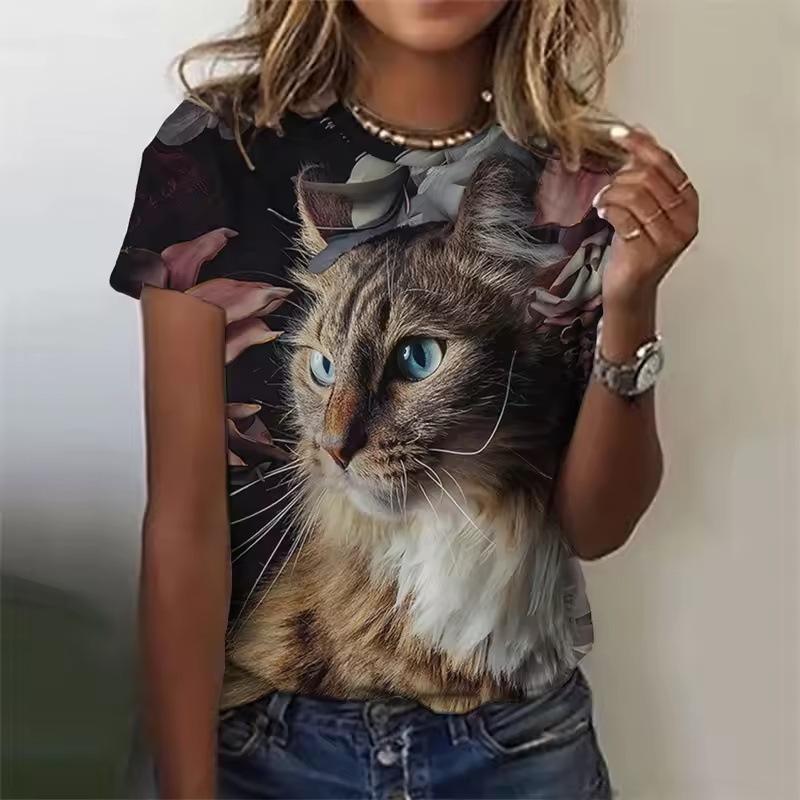 Summer Round Neck 3D Cat Pattern Print Top Fashionable Casual Short Sleeved Women's T-shirts