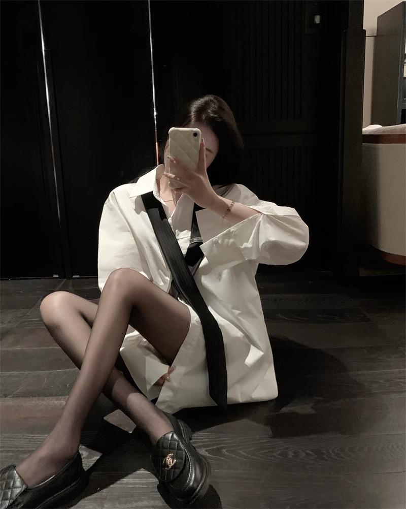 Women's White Tie Long Sleeve Mid-Length Casual Shirt – Spring/Autumn Loose Style