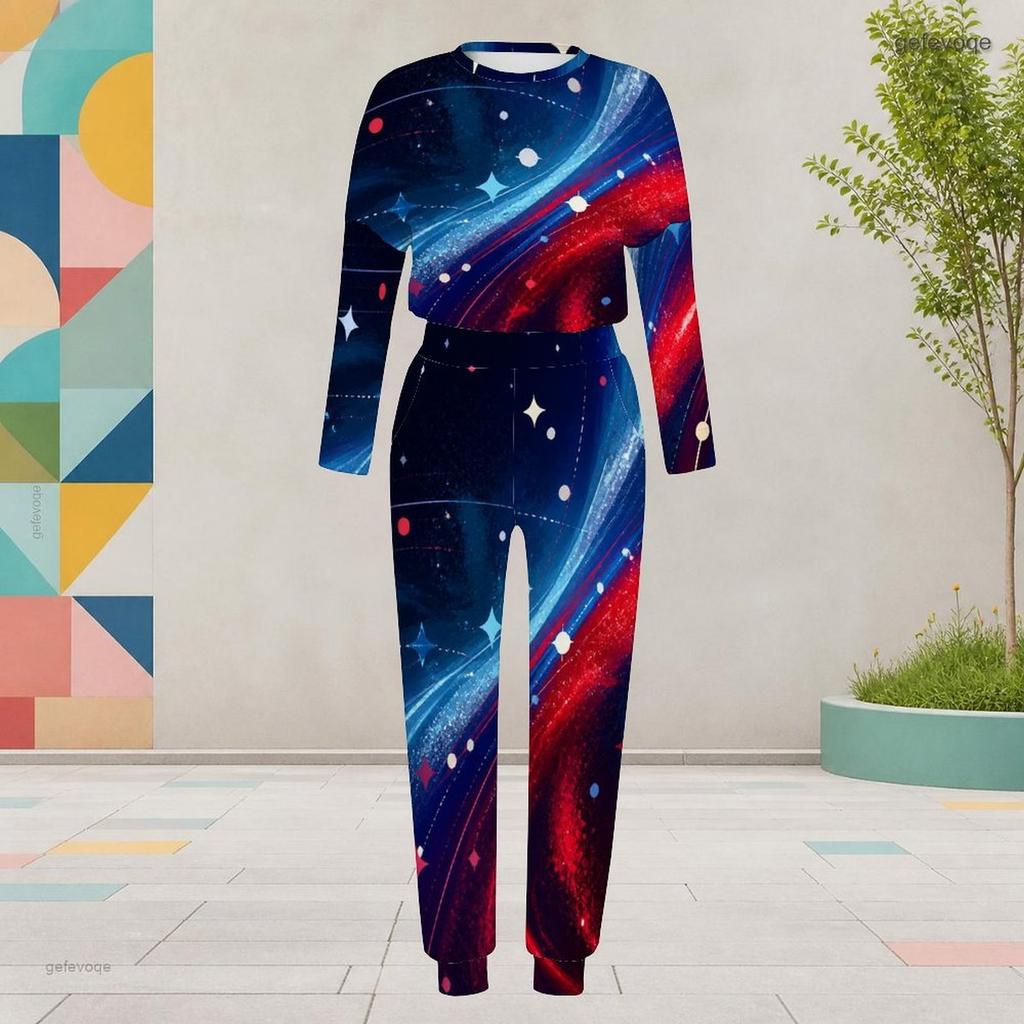 Women Plus Size Two Piece Set Round Neck Long Sleeve Galaxy Printed Cuffed Top And Pants With Pockets