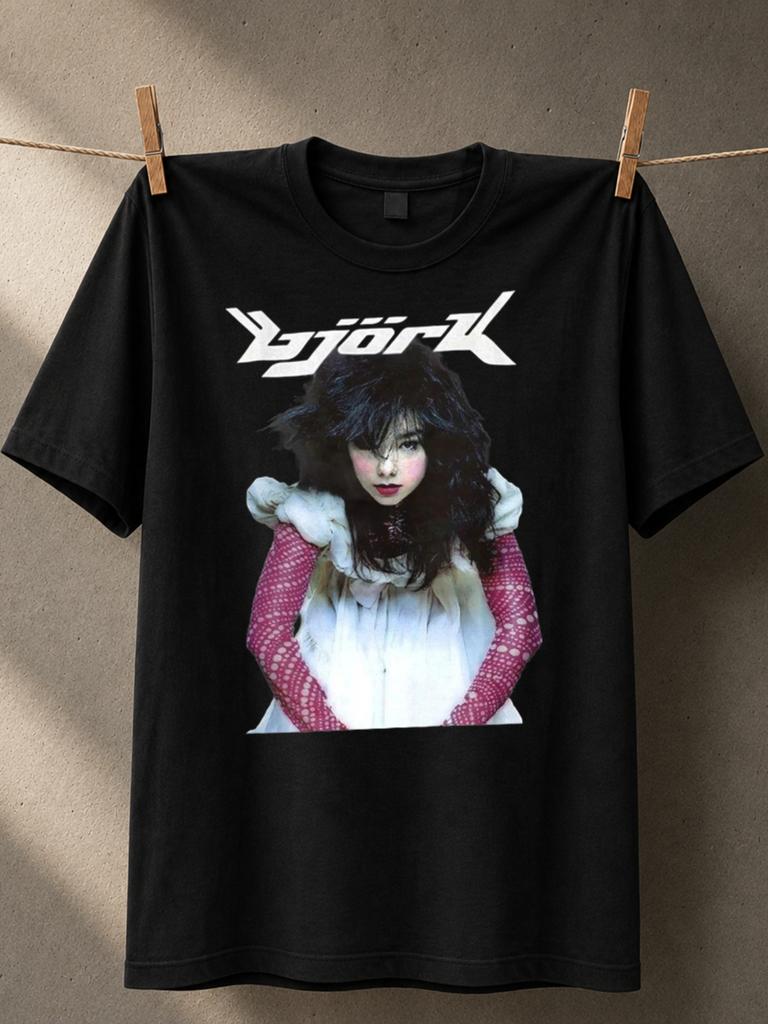 Bjork Portrait Futuristic Logo With Crouching Photo Graphic And Soft Pink Sve Accent Art Music Unisex All TShirt