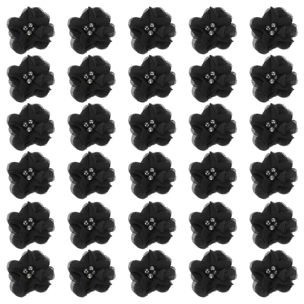 12/30pcs Chiffon Flowers Rhinestone Pearl Sewing Fabric Flowers Artificial Appliques Embellishment for Clothing Wedding Craft 2"