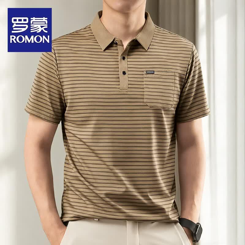 ROMON Men s Ice Silk Striped Polo T-Shirt 2XL хаки