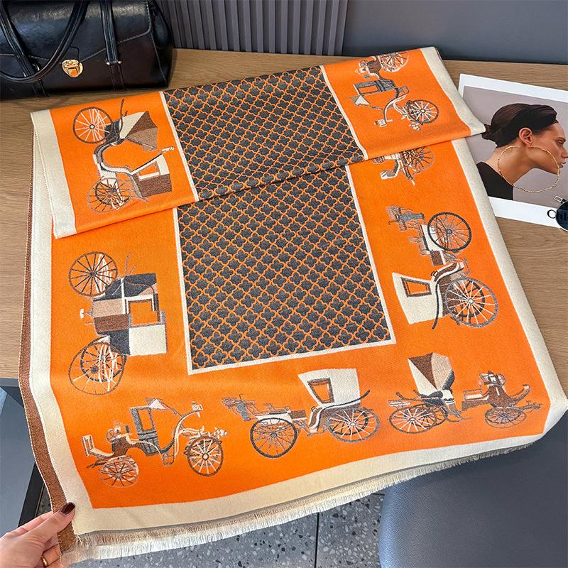 

Имитация кашемирового шарфа Ретро стиль Старомодный автомобиль Контрастный цвет Двусторонний Персонализированная Высококачественная Теплая Шаль 185cm оранжевый