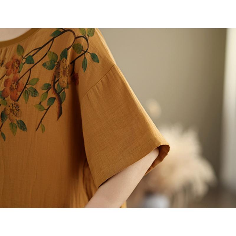 Dimanaf 2025 New Summer Plus Size T-Shirt Women Flower Printing Short Sleeve Loose Tops Tees Maxi