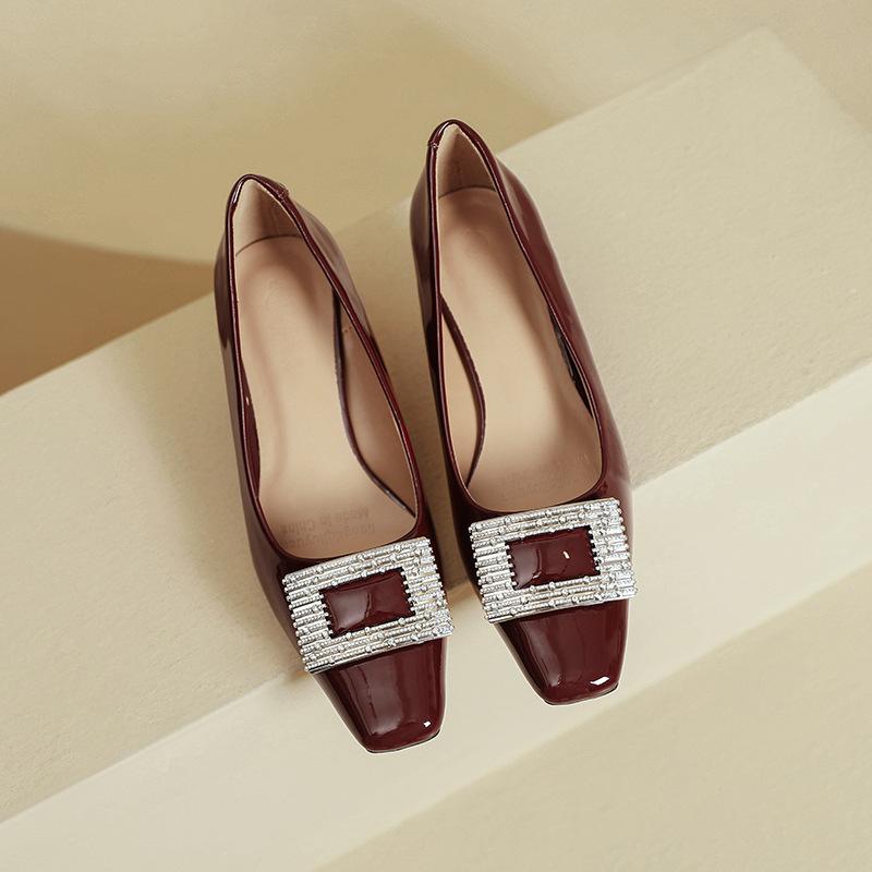 

Square head high heels women s thin heels 2025 new spring and autumn women s shoes rhinestone square buckle burgundy French shallow mouth single shoes 34 бордовий
