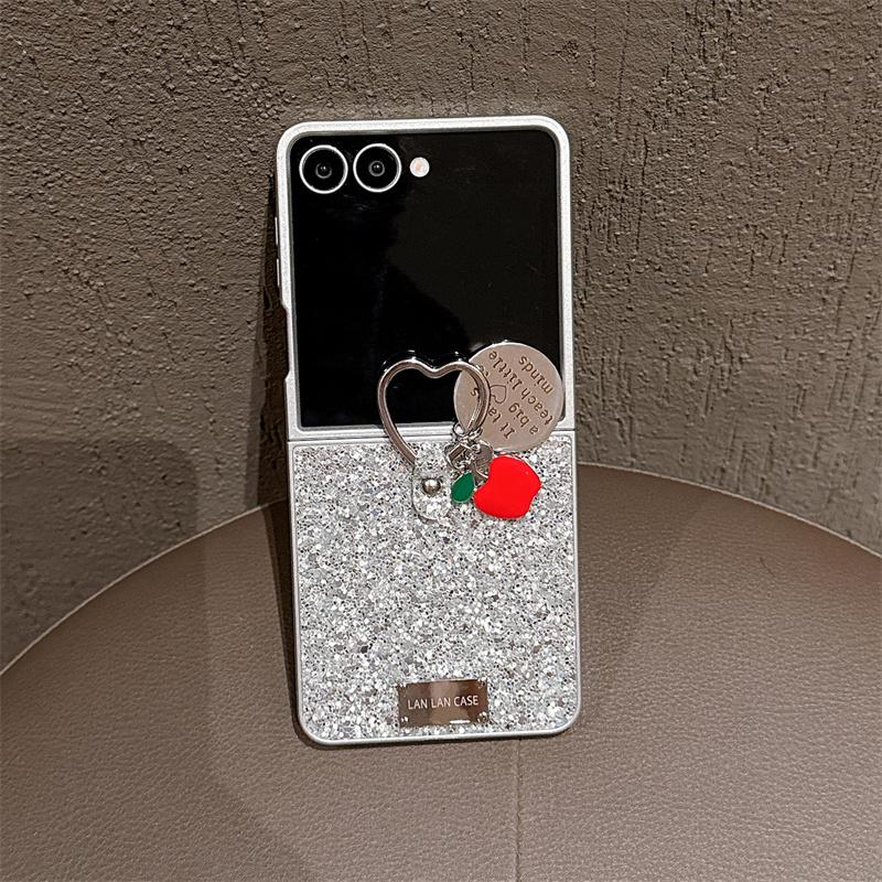 Fashion Silver Glitter Phone Case for Samsung Galaxy Z Flip 7 5 4 3 Cover with Love Ring Stand Cute Cases Flip6 Flip7 Flip5 Capa