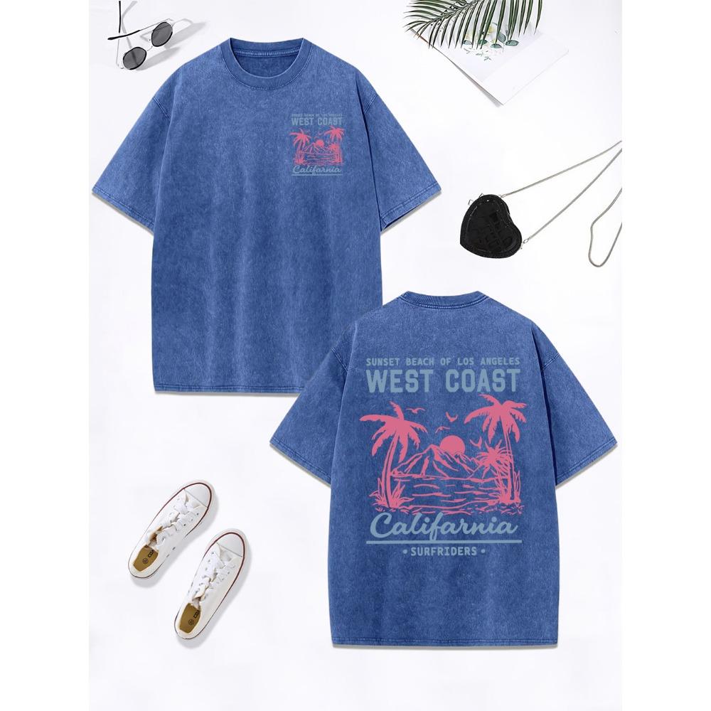 California West Coast Beach Printing Washed T-Shirts Women Cotton Oversize T Shirt O-Neck Comfortable Tops Womans Clothes