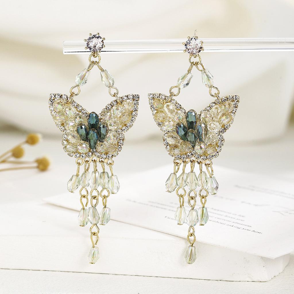 French light luxury heavy industry crystal butterfly fringed earrings flash diamond trimmed earrings gentle atmosphere temperament earrings women