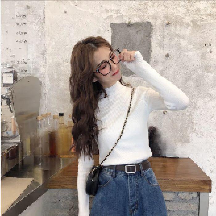 For Autumn and Winter, Wear A Fitted Long-sleeved Semi-high-neck Knitted Sweater As A Student Top