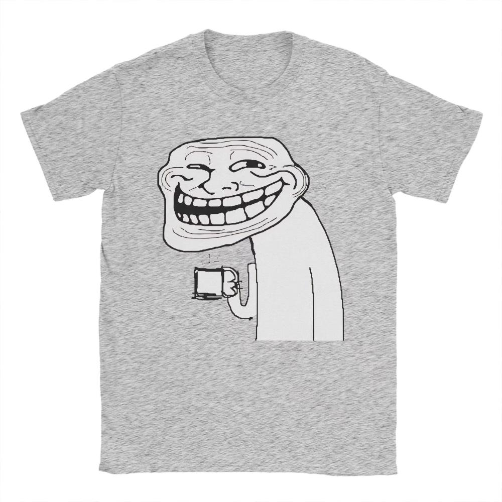 Trollface with Coffee Meme TShirt for Men Women Casual Pure Cotton Tees O Neck Short Sleeve Printed Male T Shirts Classic Tops