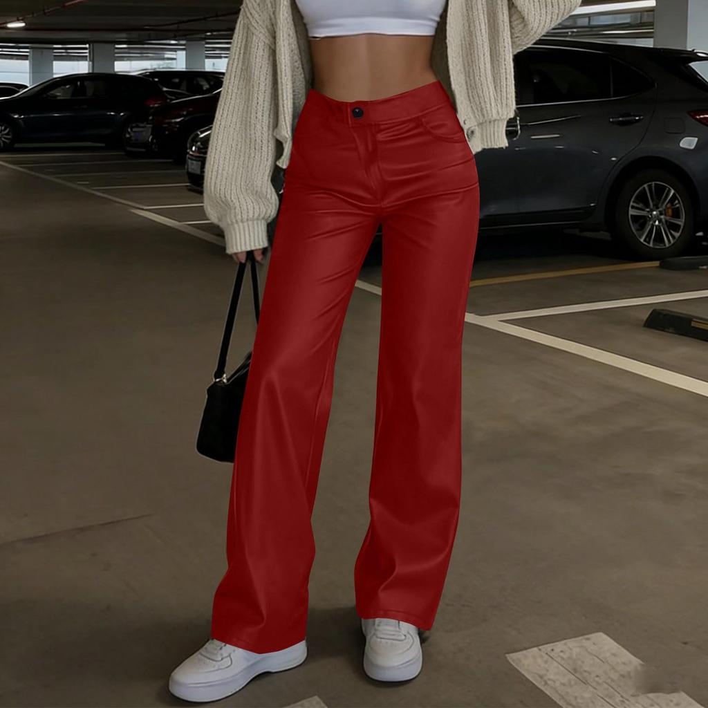 Women's Leather Pants High Waist Straight Leather Pants Pocket Elastic Pu Frosted Casual Pants