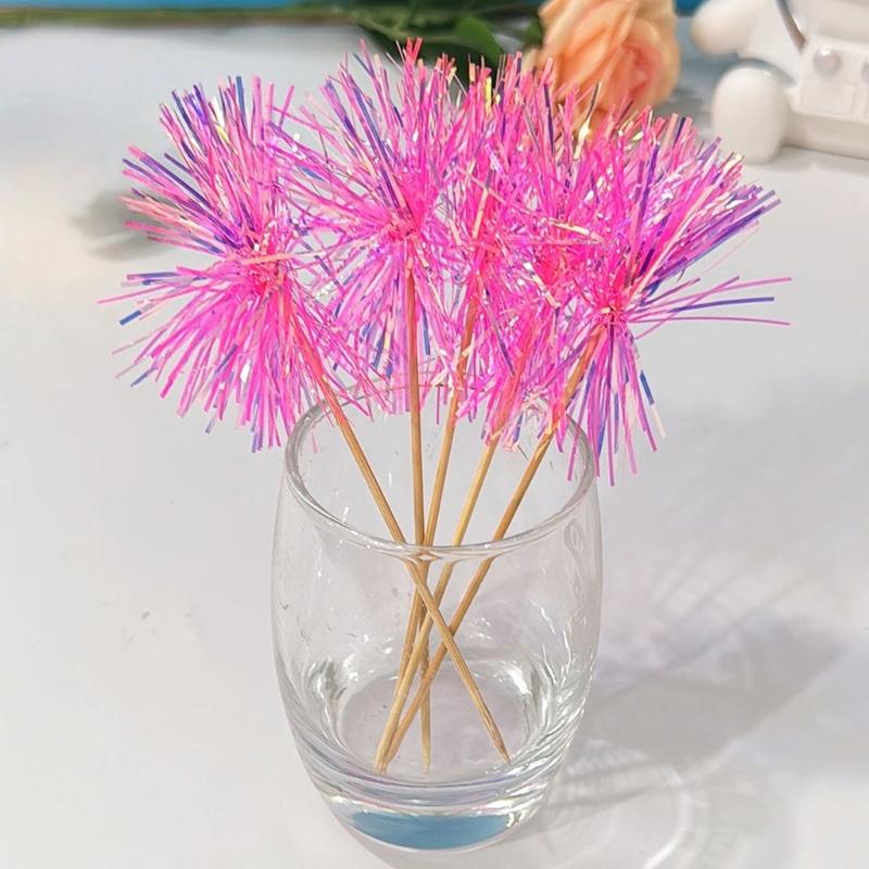 10Pcs Wooden Cake Decorations Colorful Tinsel Cake Insert Sticks Embellishments For Birthday Wedding Anniversary Party