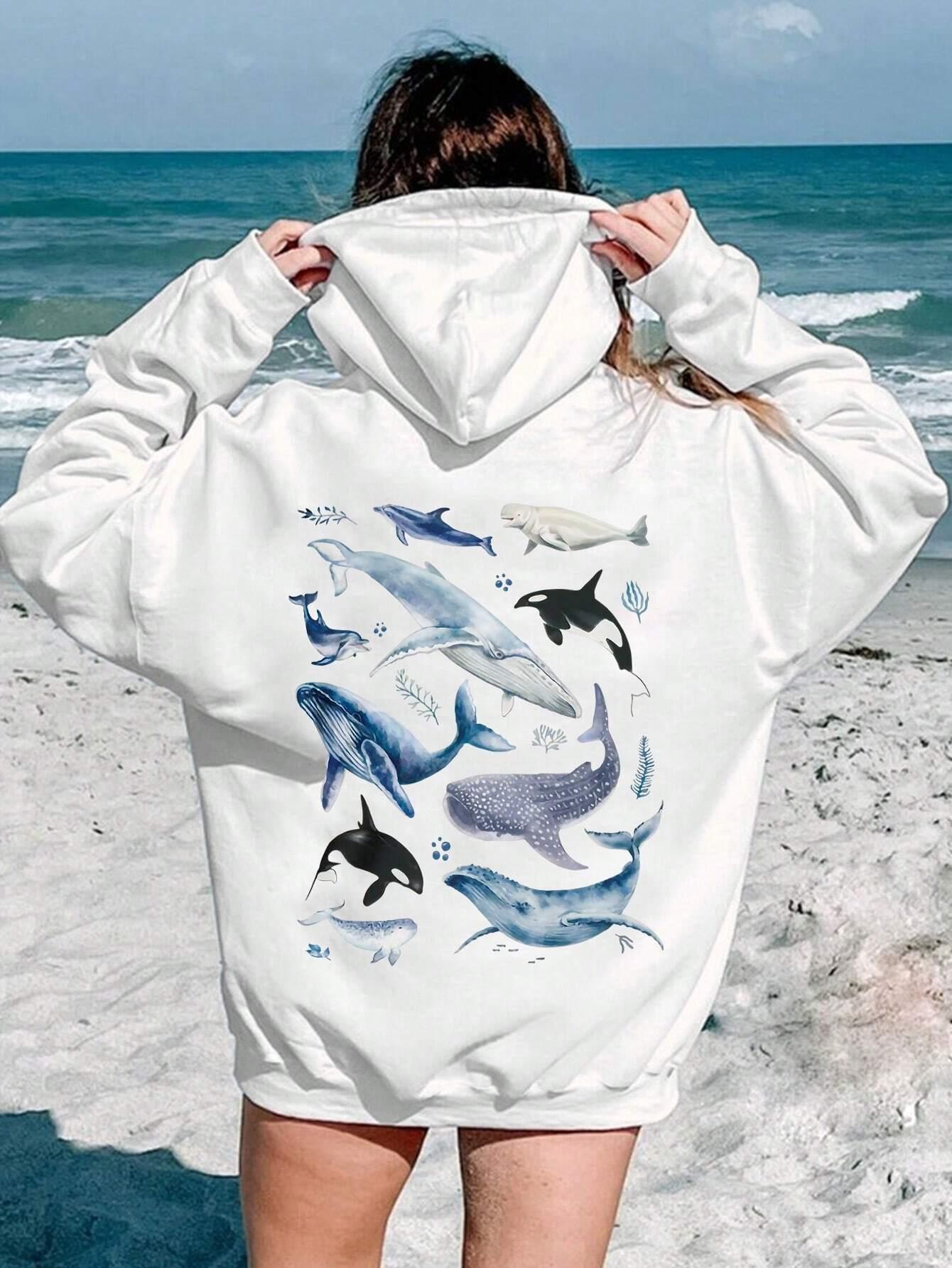 

Ocean whales Print Female Hoody Harajuku Comfortable Sweatshirts Fashion O-Neck Quality Hooded Autumn Warm Streetwear Women 2XL