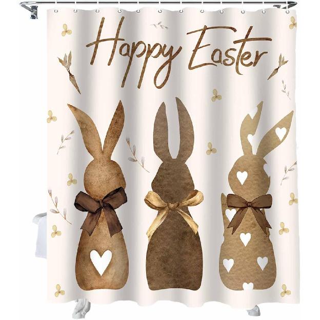 Happy Easter Shower Curtain Bunny Bathroom Curtains with Hooks, Waterproof Fabric Flower Carrot Rabbit Shower Curtains Set for Bathroom Bathtubs