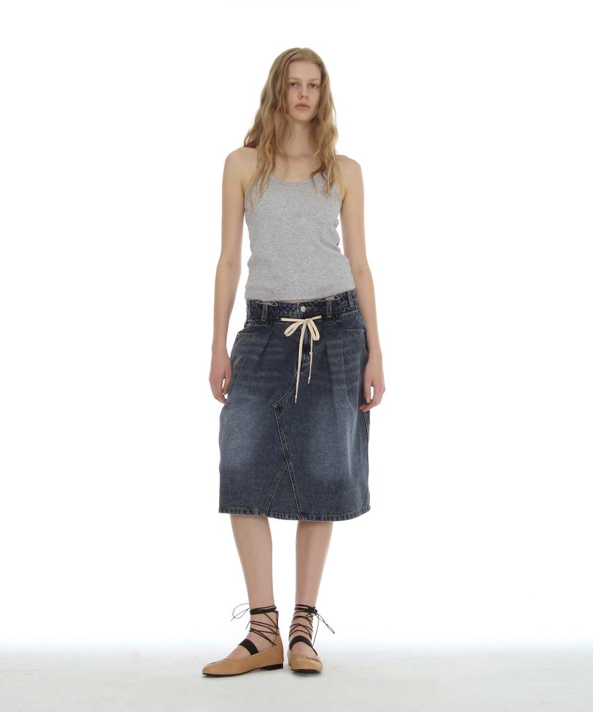 Partimento Woman Drawstring Denim Midi Skirt_Mid Blue