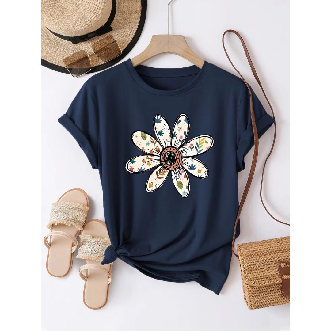 

Womens Summer Bohemian Daisy Floral Print Short Sleeve T Shirt Casual Loose Fit Top For Streetwear For Daily Wear S