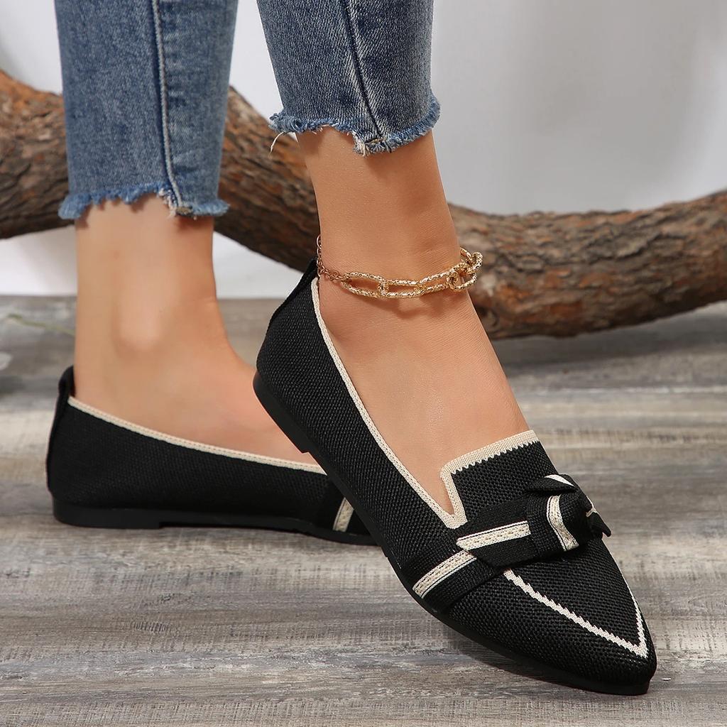 Women's Light comfortable Loafers Bow tie Ballet Flats Pointed Toe Soft Barefoot Flats Knitted Multicolor Casual Ballerina