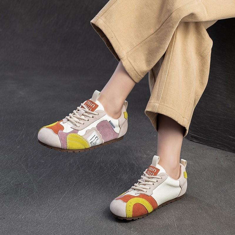 Johnature Color Contrasting Casual Flat Shoes Comfortable Lightweight Soft Soled Retro Women's Shoes