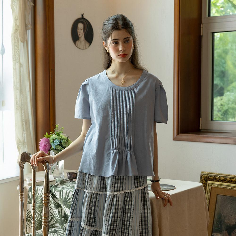 Peulaudeumali Pm_Round Neck Pleats Top_Blue