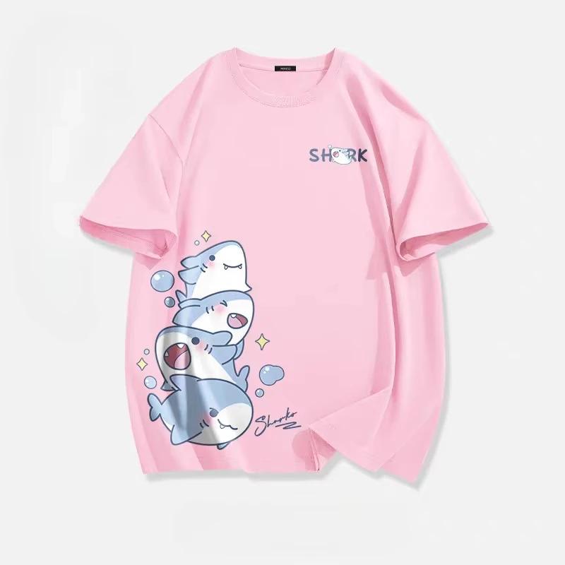 2025Summer Ice Silk Blue Top Youth Breathable Half Sleeve Large Loose Tee Men's Cute Shark Cartoon Print Short Sleeve T-shirt