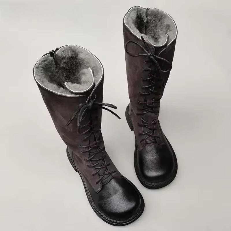 G&Zaco Luxury brand Knight Boots Genuine Leather Real Wool Women's Boots Knee-high Sheepskin Fur Anti Slip Thick Cotton Warm Lace Up Long Boots 3337