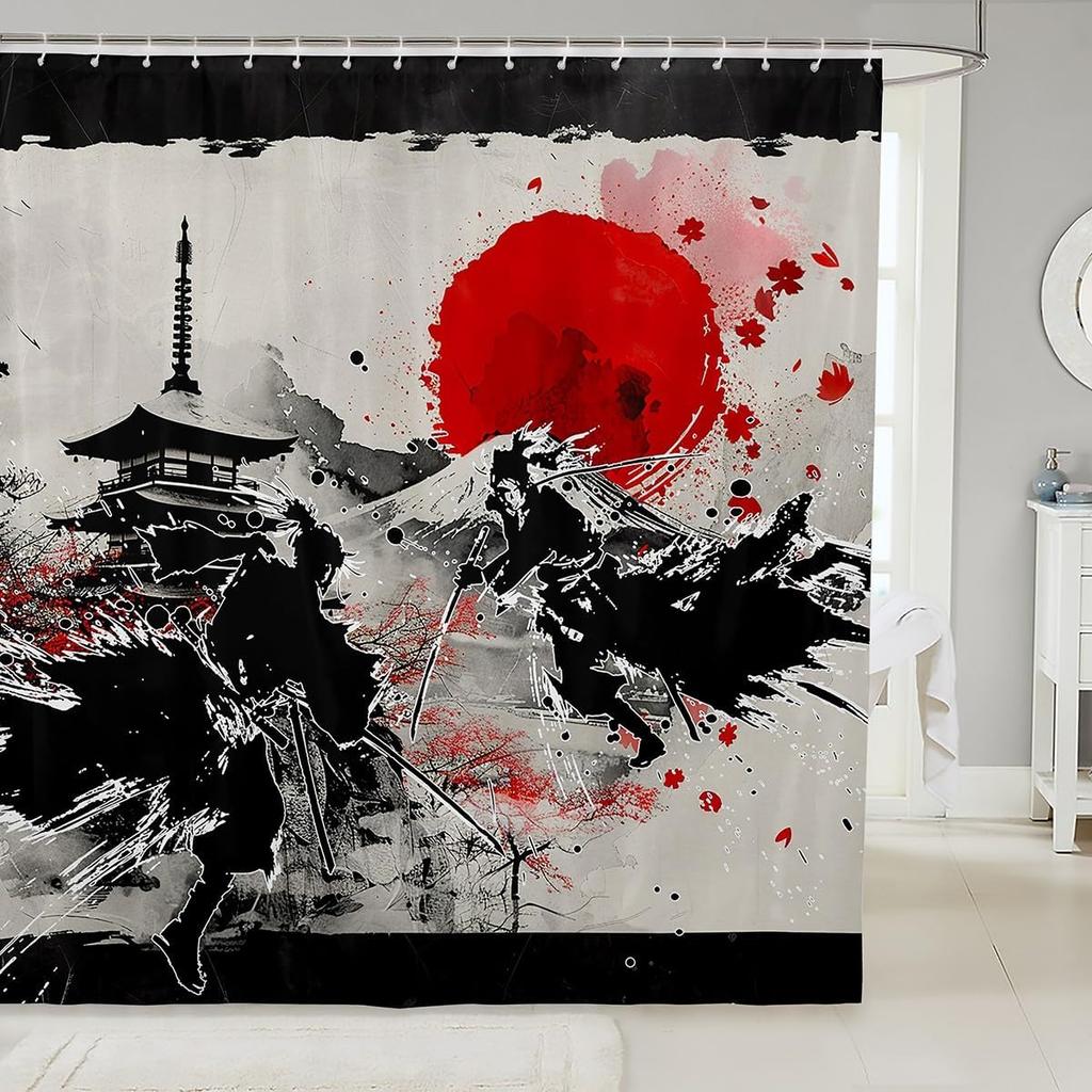 Japanese Samurai Bath Curtain Boys Girls  Landscape Shower Curtain for Kids Women Men Waterproof Sunset Bathroom Shower Curtain