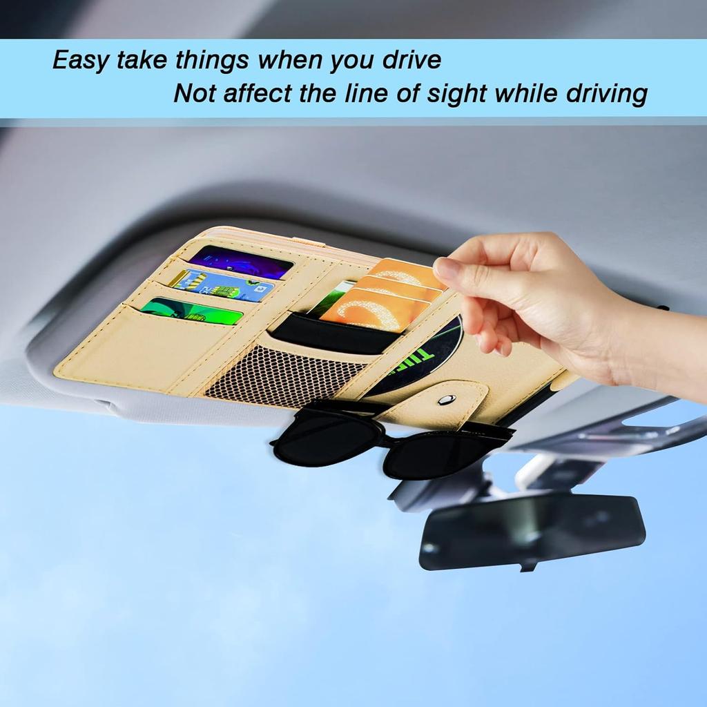 Car Sun Visor Organizer, Leather Pocket Organizer Sunglass Holder For Car Interior Accessories With Multi-Pocket Net Zipper (Beige)