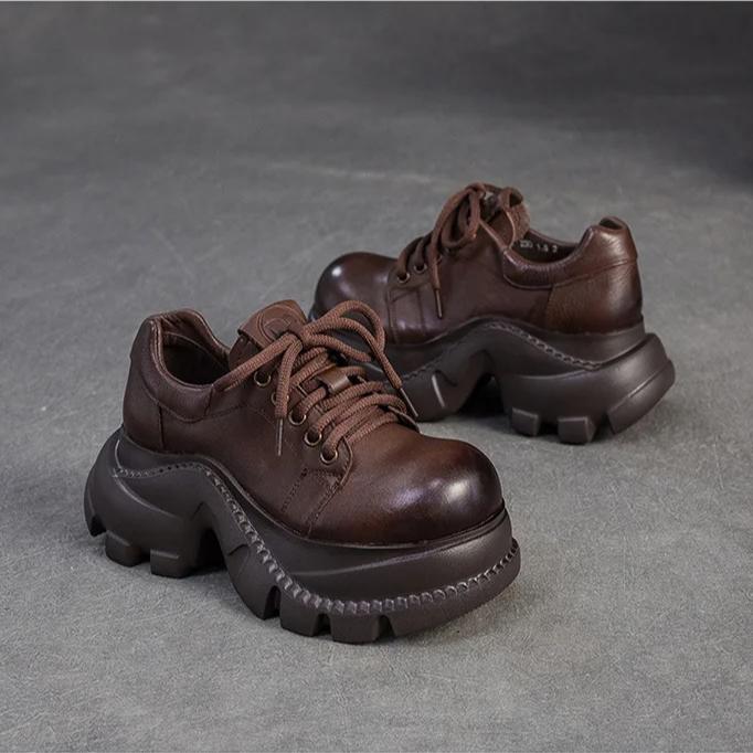 Johnature Plateauschuhe im britischen Stil, Pendlerhöhe, höhenerhöhend, echtes Leder, Schnürschuhe, Damenschuhe