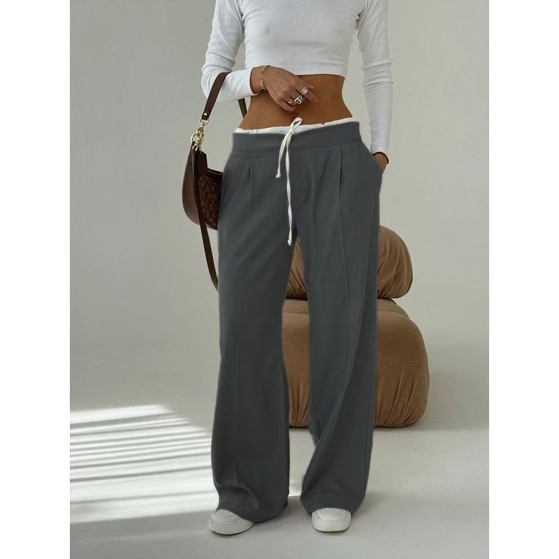 

European and American New Fake Two-Piece Lace-up Design Casual Pants Suit trousers Spliced Lace up Casual Pants Gray L