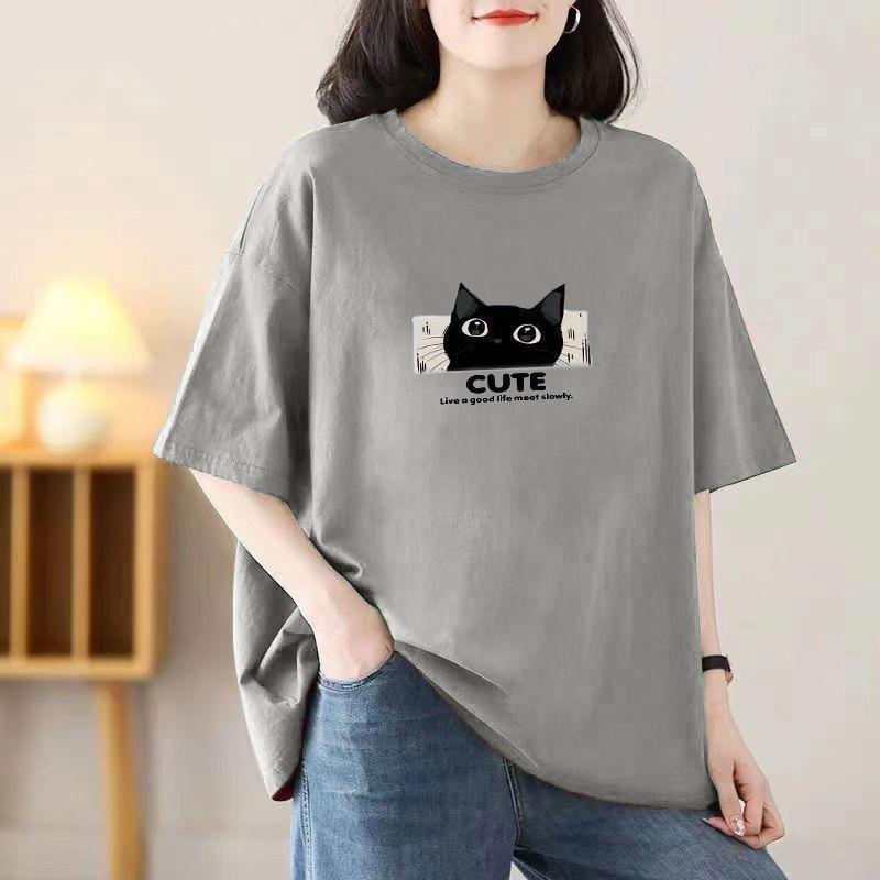 Cotton Short Sleeve T-shirt Women Loose Fashion Medium Sleeve Tops Summer Vintage T-Shirt