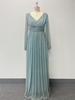 European Style Shiny Pleated Long Sleeve V-Neck A-Line Evening Gown