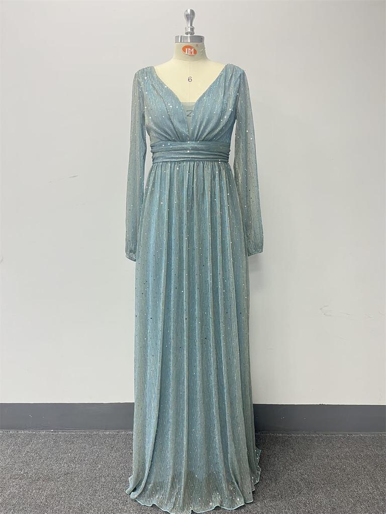 European Style Shiny Pleated Long Sleeve V-Neck A-Line Evening Gown