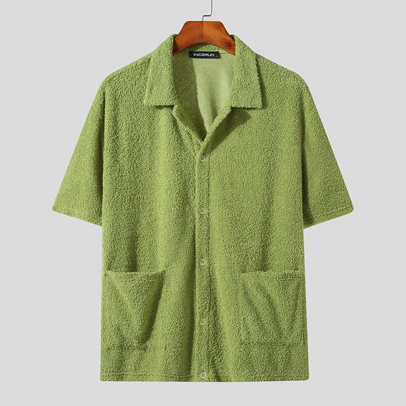 INCERUN Men's Fashion Button Up Furry Shirts Solid Short Sleeve Fleece Tops