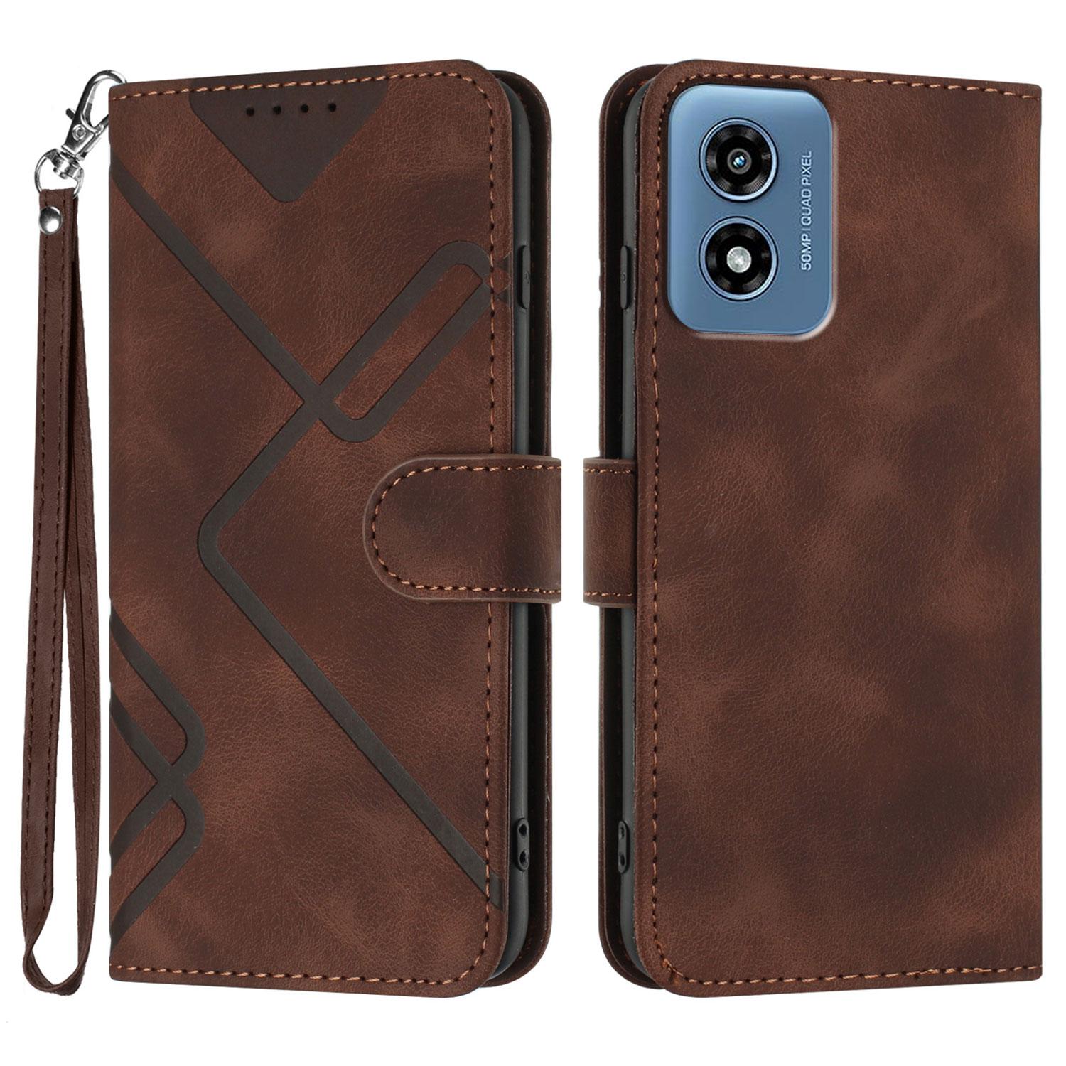 

For Motorola Moto G Play (2024) 4G Wallet Case Line Imprinted PU Leather Phone Cover with Strap Brown