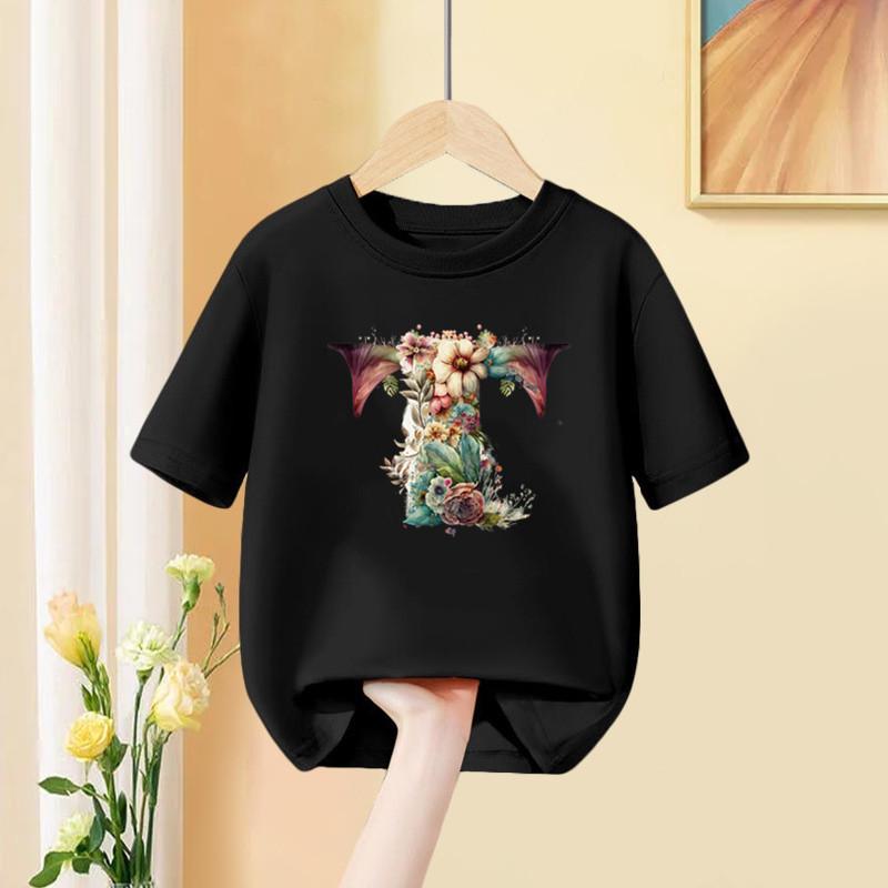 Blumenbuchstaben-Kombination personalisierter Druck Sommer lässig Kinder Schwarz modisch Polyester kurzärmeliges T-Shirt Top