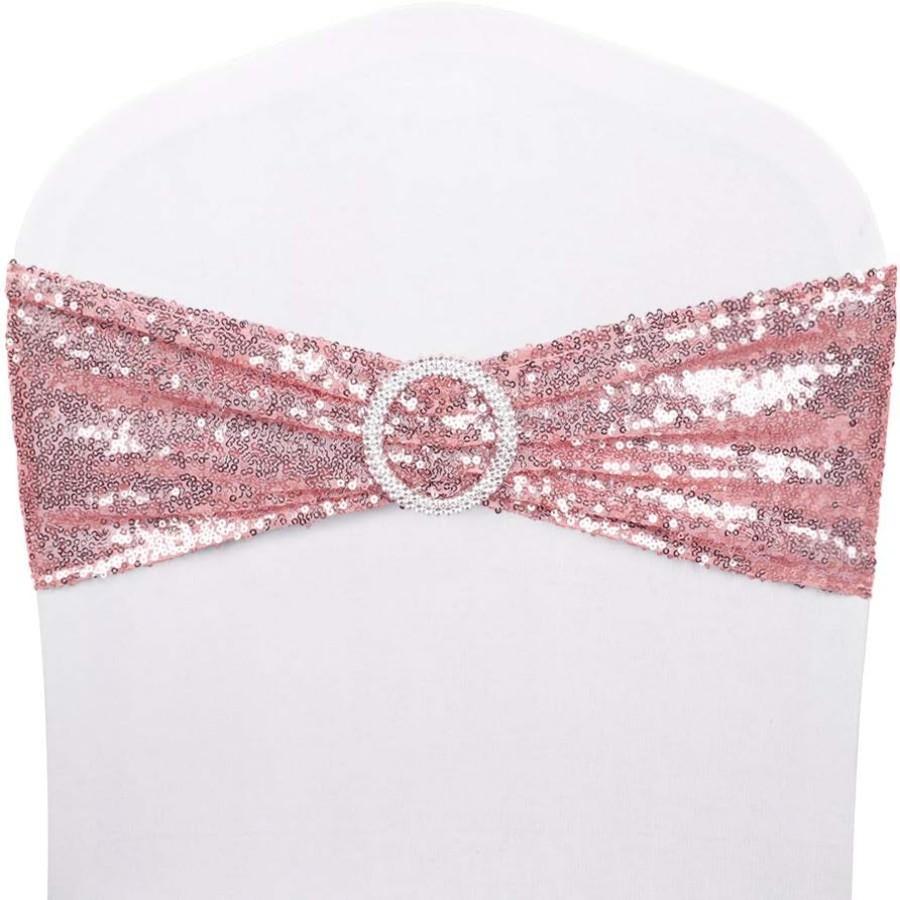 50pcs Chair Sashes Sequin Stretchy Spandex Band with Silver Buckles Decorative Bows One-Sided Sequins Decor for Wedding Party