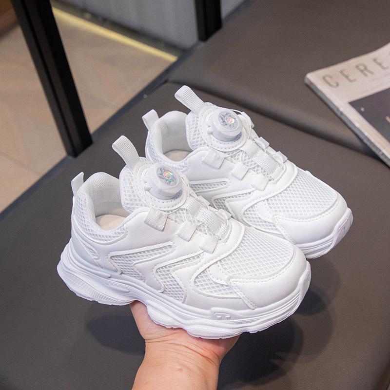 Summer New Double-mesh White Shoes with Rotating Buttons, Children's Sports Shoes for Boys and Girls, Soft-soled Running Dad Shoes