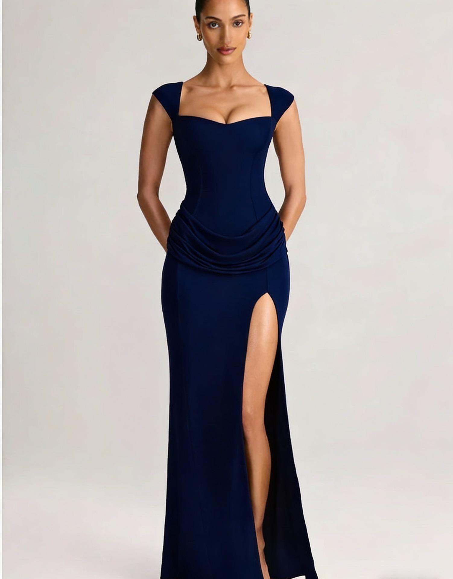 European American Sexy Evening Gown: Waist-Cinching Pleated Spaghetti Strap Bodycon Dress S темно-синий