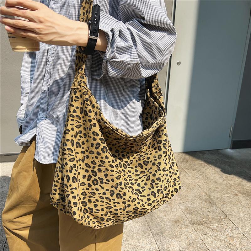 Leopard Print Canvas Shoulder Bag Women Crossbody Bag Large Capacity Tote Bag