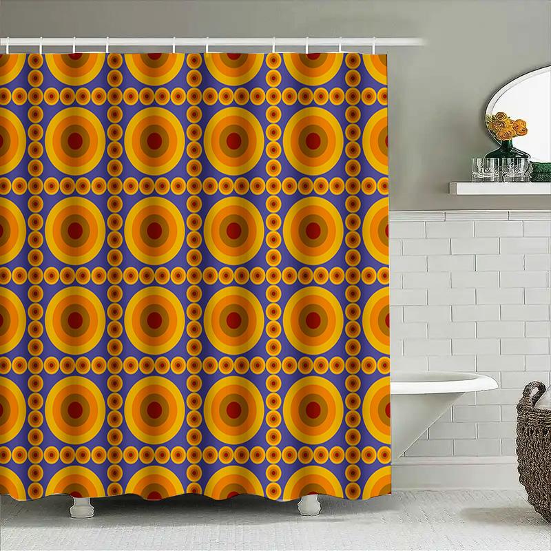 Circular Pattern Shower Curtain Vibrant Orange, Red Yellow Geometric Print On Blue Fabric For Bathroom Decorations