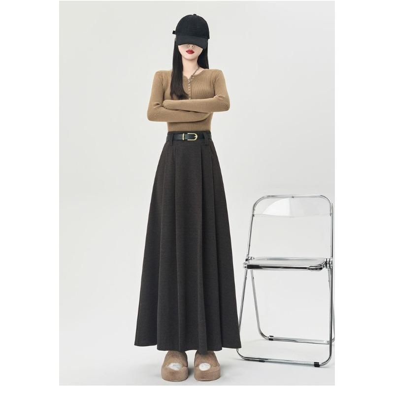Winter Autumn High Waist Wool Pleated Skirt Women A Line Midi Skirt Solid Color Flared Skirt Slimming Long Skirt